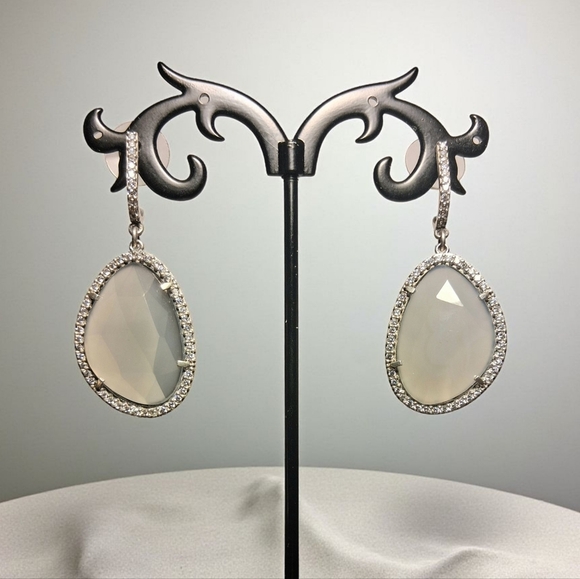 🔥 Blue Chalcedony & Natural White Zircon Dangle Earrings in Sterling Silver - Picture 1 of 4